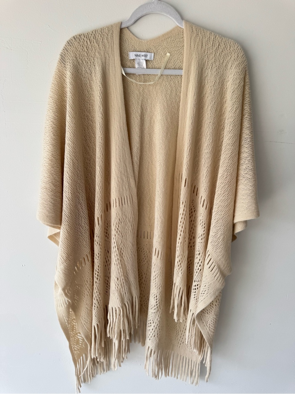 Nine West Beige Fringe Open-Front Knit Poncho